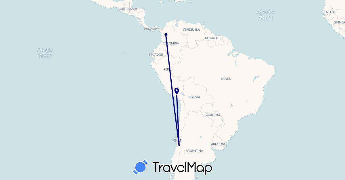 TravelMap itinerary: driving in Chile, Colombia, Peru (South America)